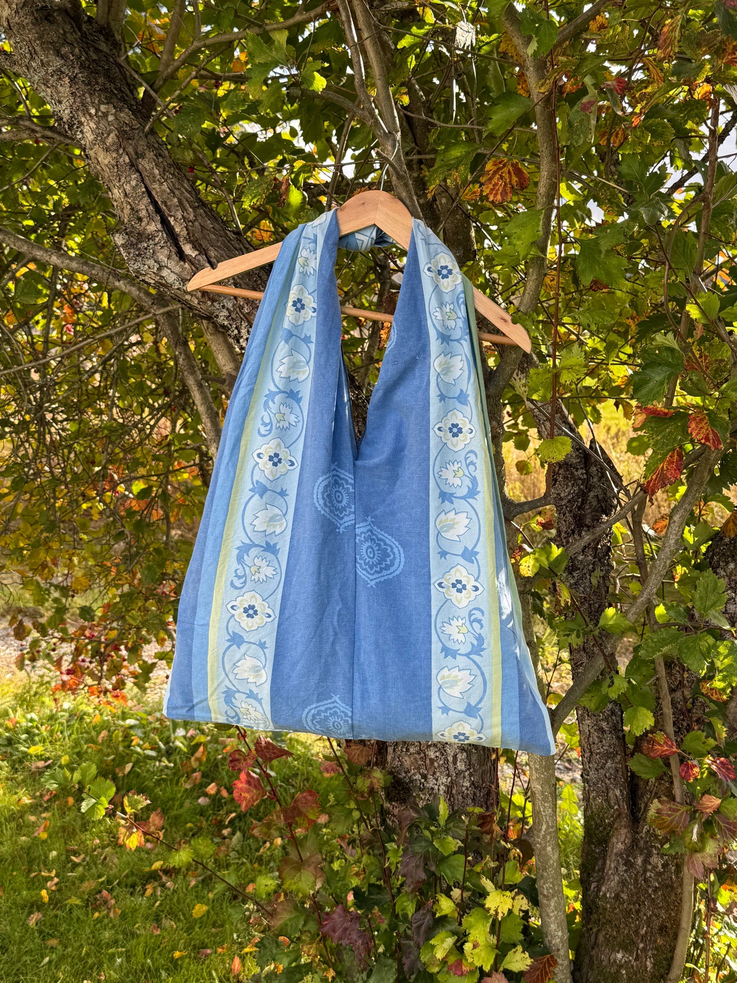 Totebag blå og grønne striper